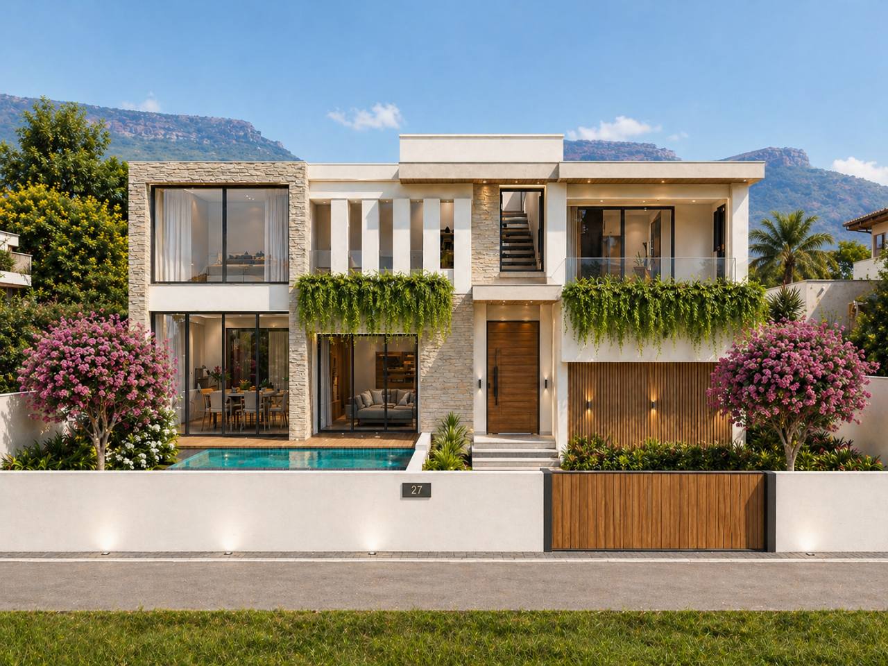 Villa Aiko daylight facade with hills in Lonavala