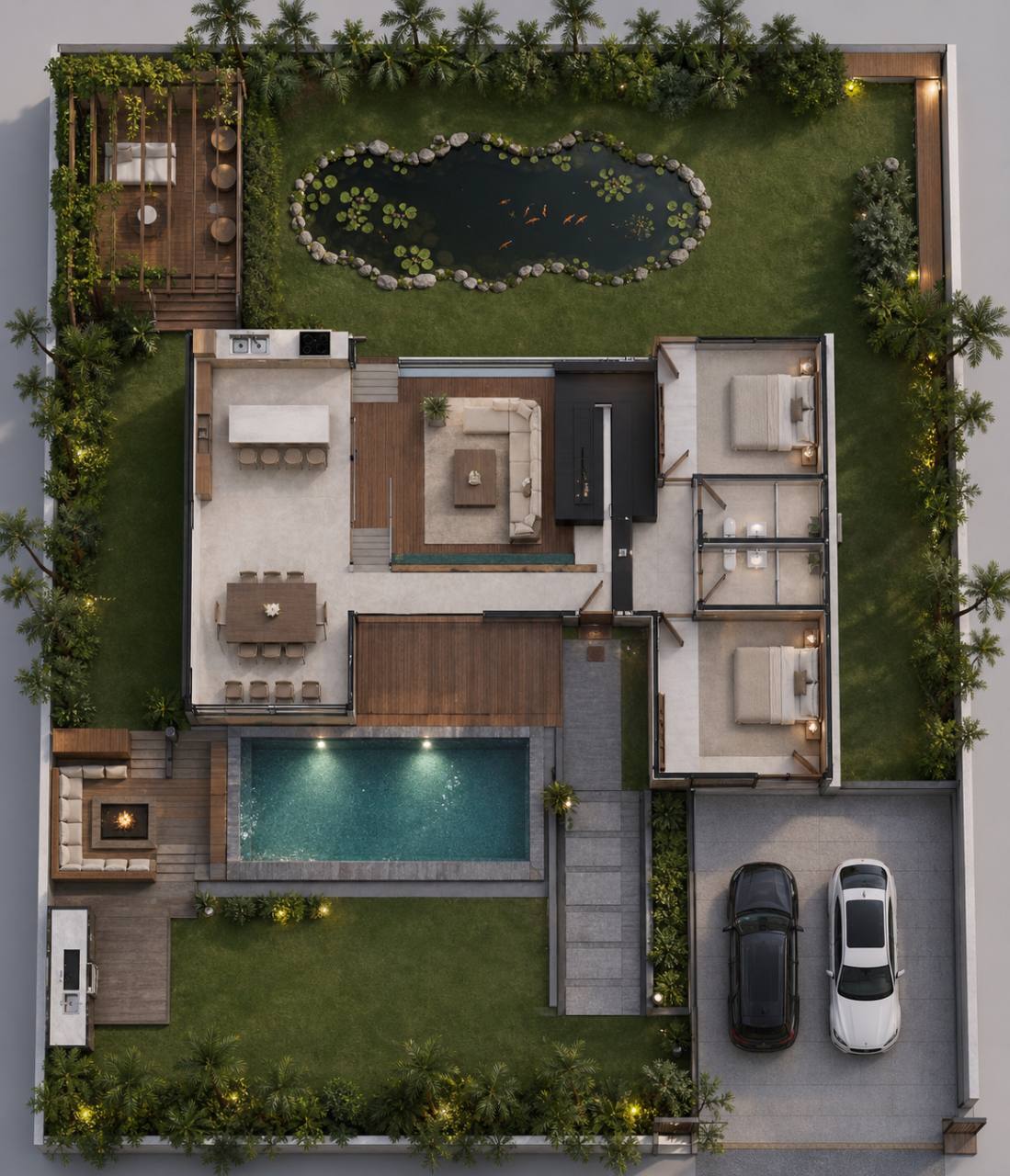 Villa Aiko ground floor plan with pool and garden layout in Lonavala